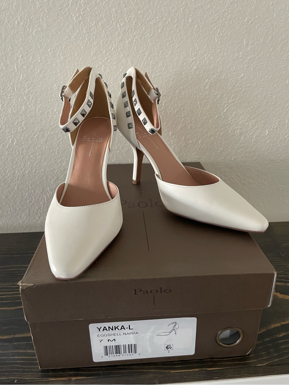 Paolo Leather Studded Ankle-Strap Heels in eggshell